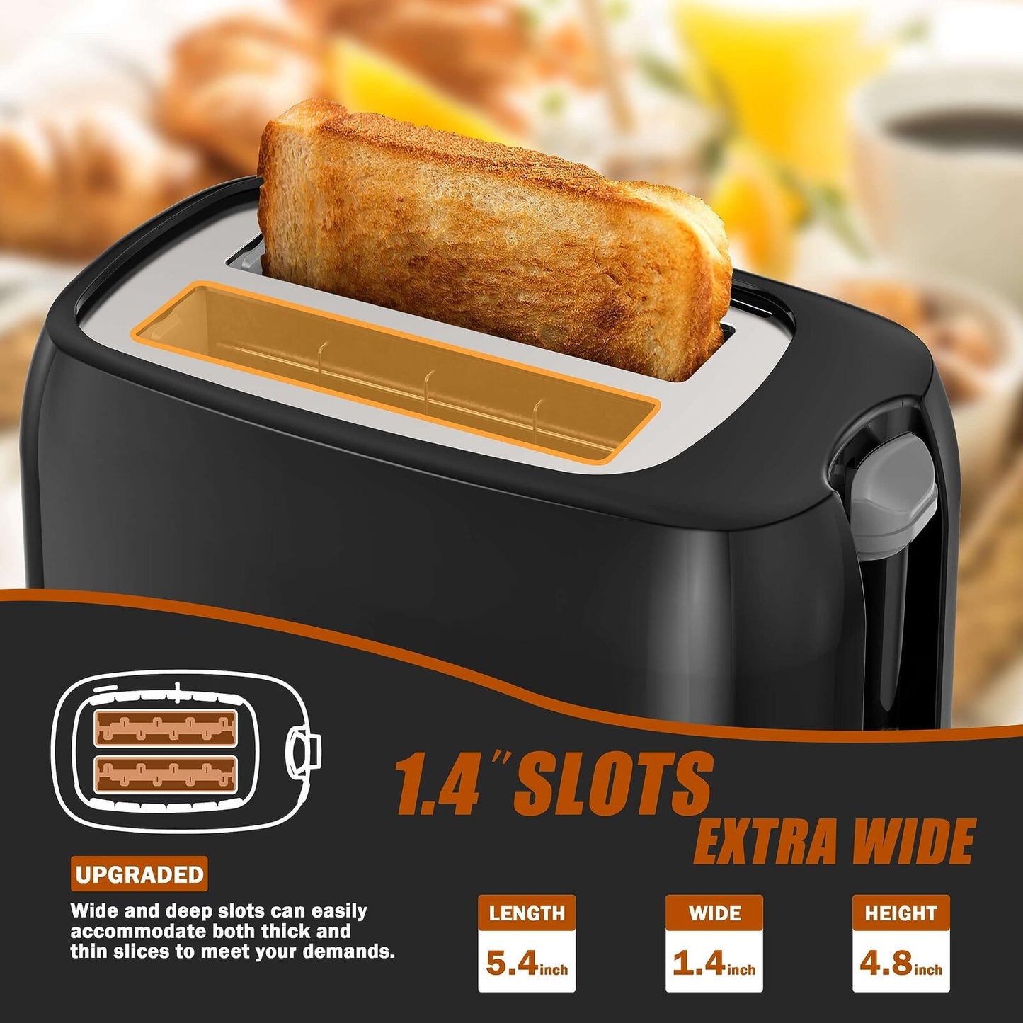 2 Slice Black Toaster with Wide Slots, Bagel Function, 7 Shade Settings, Remo...