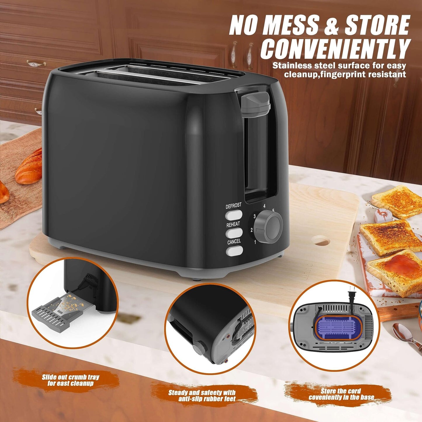 2 Slice Black Toaster with Wide Slots, Bagel Function, 7 Shade Settings, Remo...