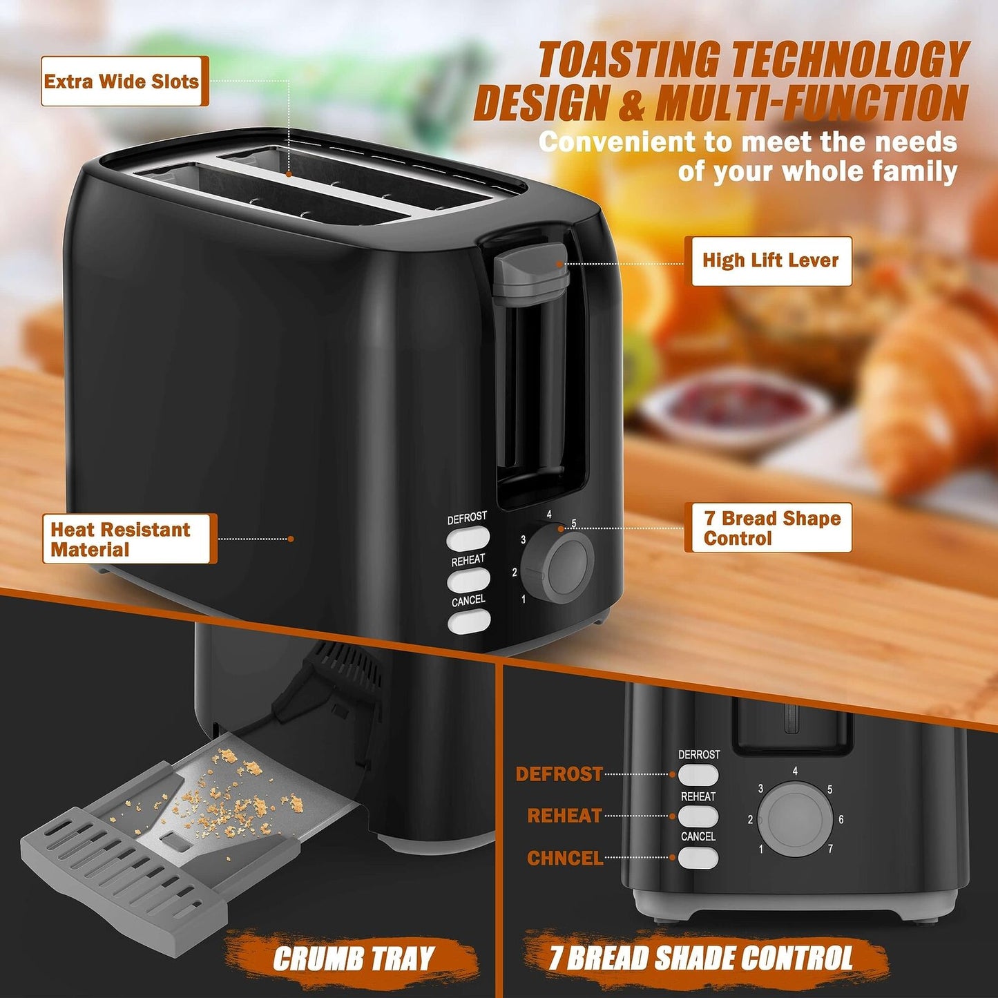 2 Slice Black Toaster with Wide Slots, Bagel Function, 7 Shade Settings, Remo...