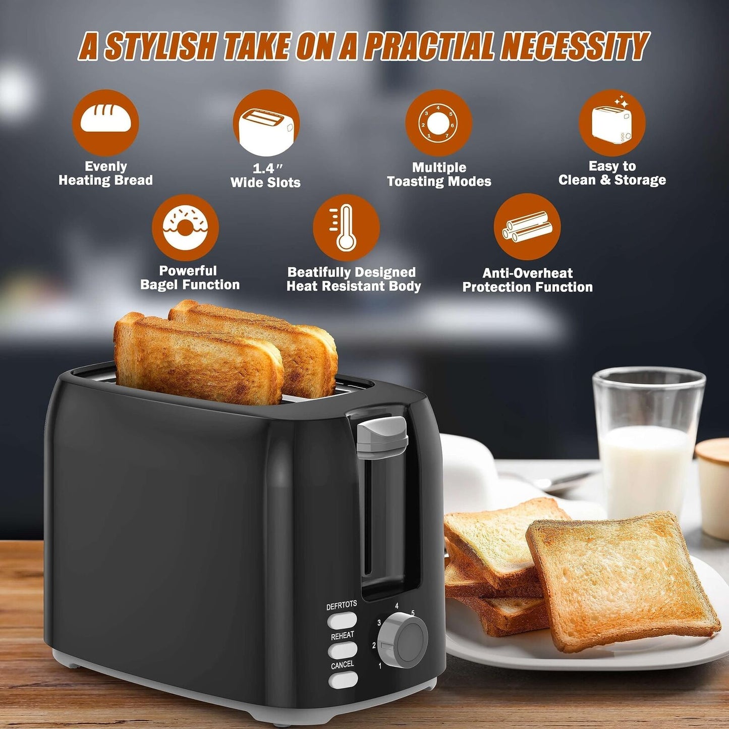2 Slice Black Toaster with Wide Slots, Bagel Function, 7 Shade Settings, Remo...