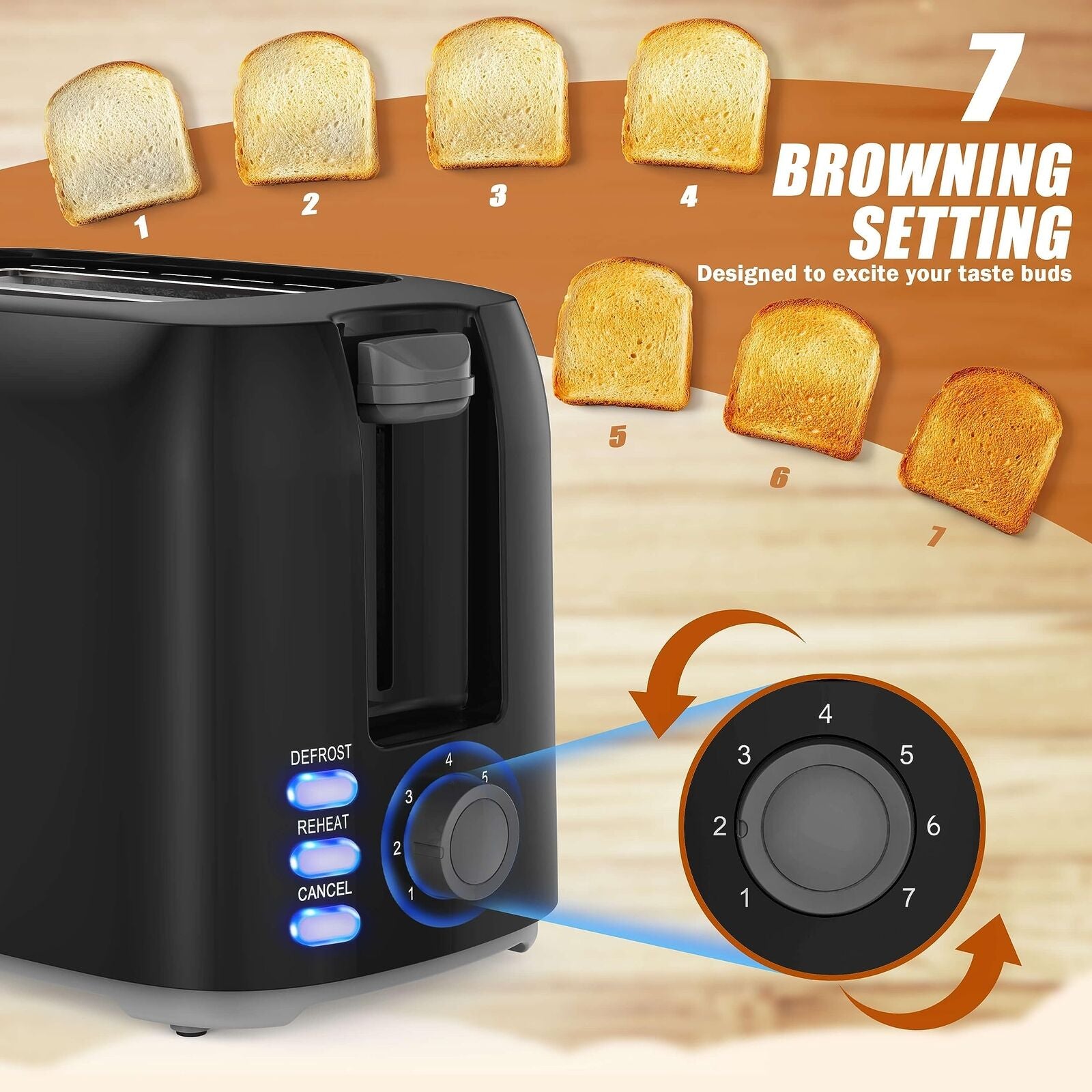 2 Slice Black Toaster with Wide Slots, Bagel Function, 7 Shade Settings, Remo...